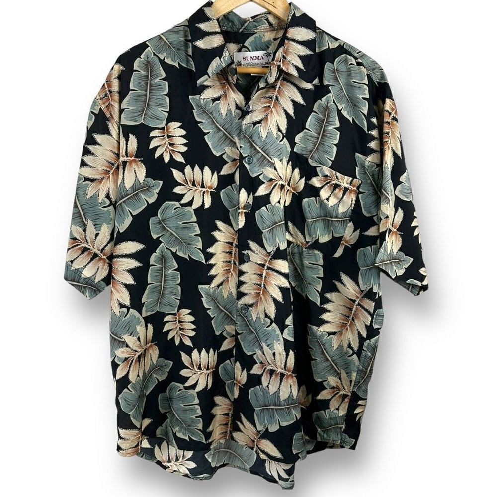 Summa Men's Size L Silk Button Up Hawaiian‎ Aloha Shirt Tan Green Palm Print